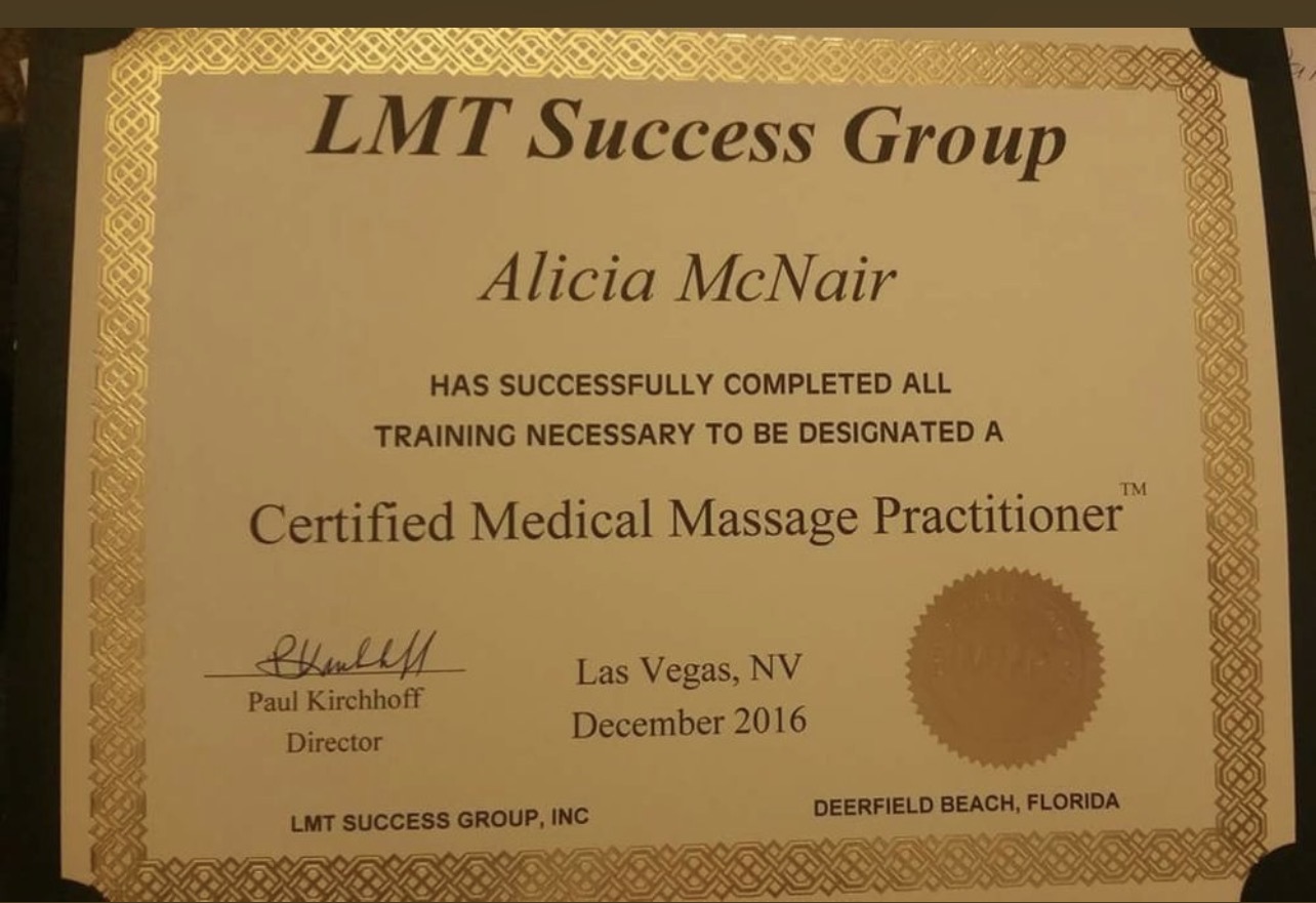 LMT Success Group — Certified Medical Massage Practitioner certificate awarded to Alicia McNair