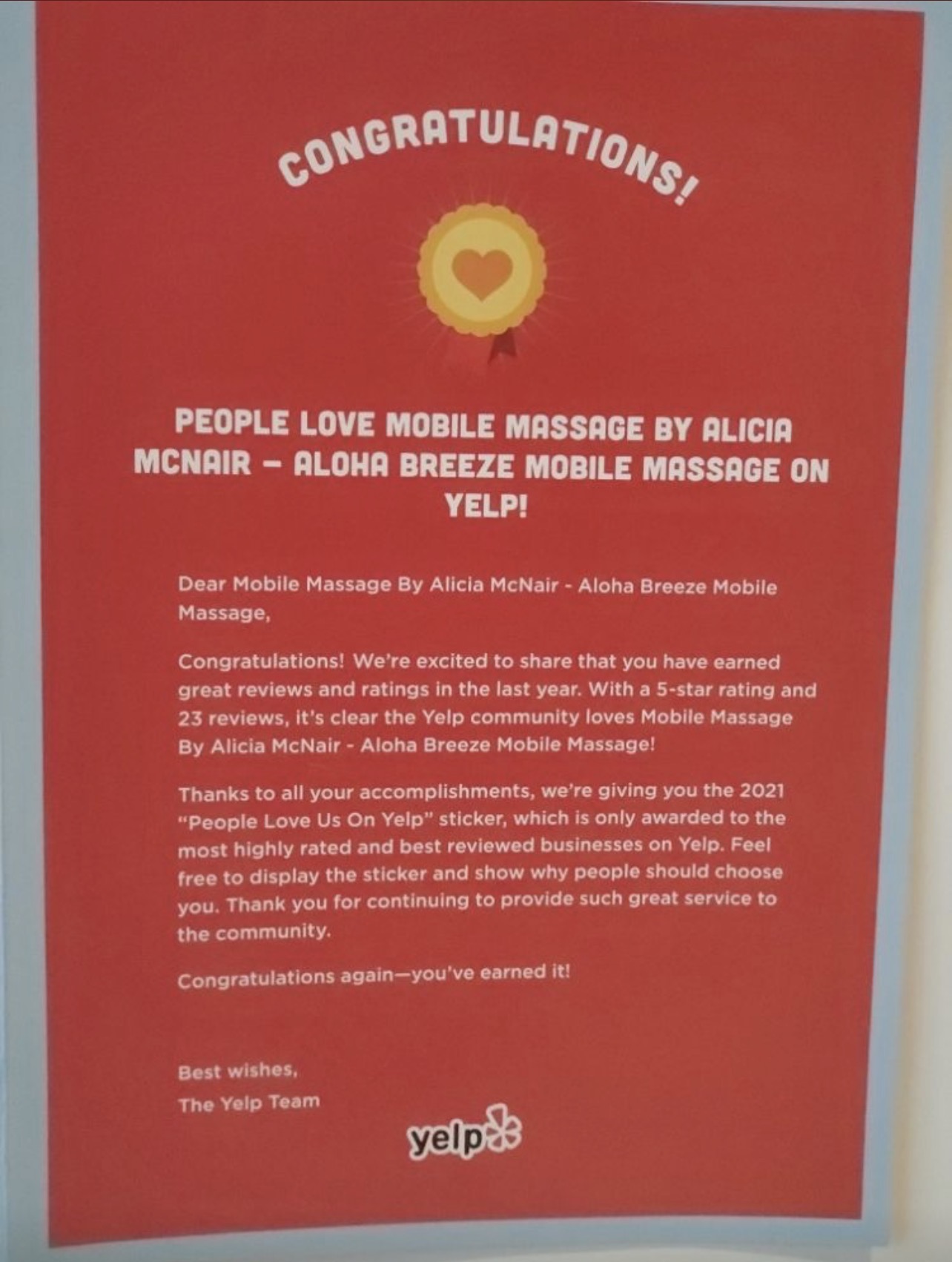 Yelp People Love Us congratulations letter for Aloha Breeze Mobile Massage