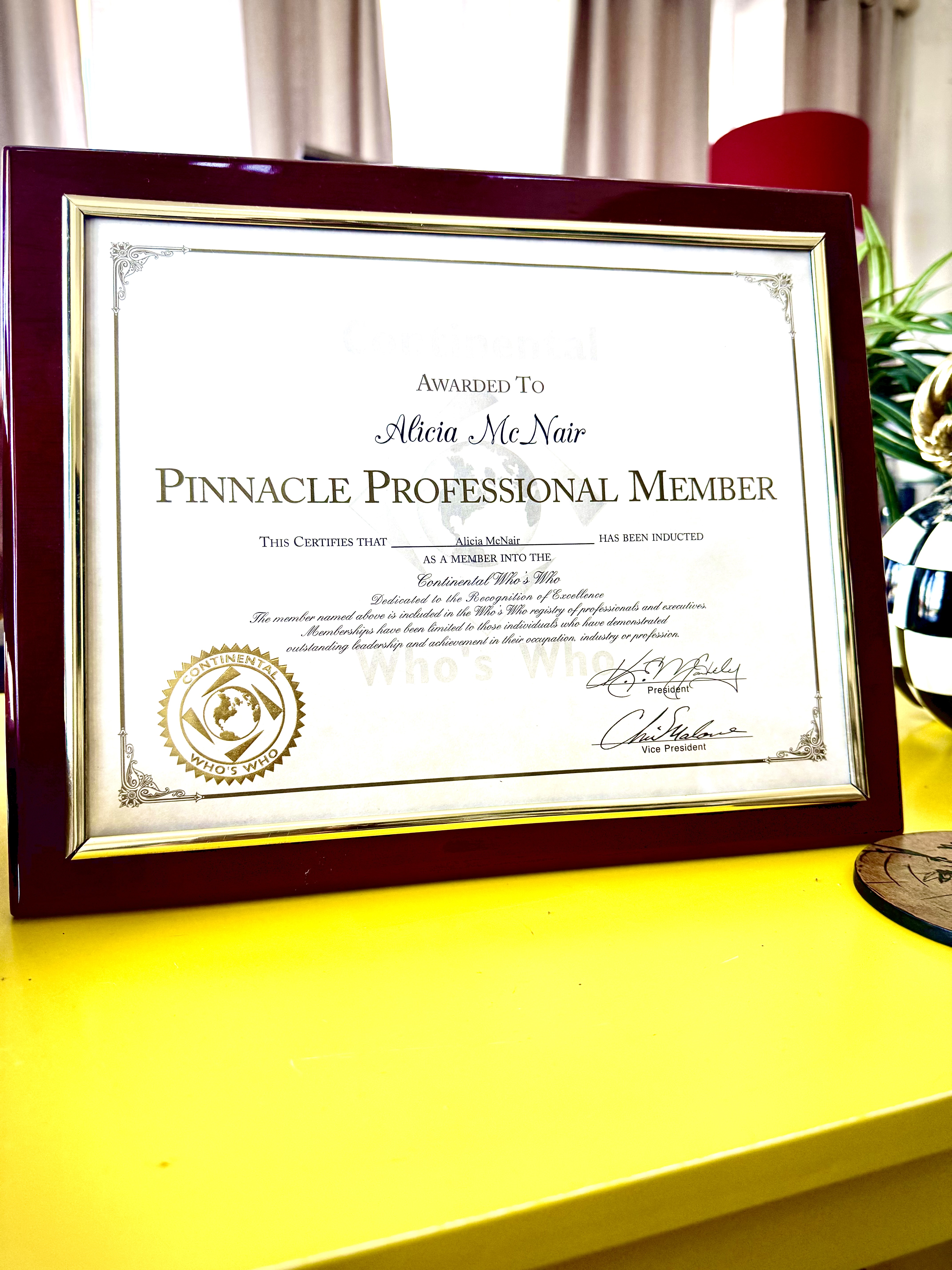 Who's Who Pinnacle Professional Member Certificate